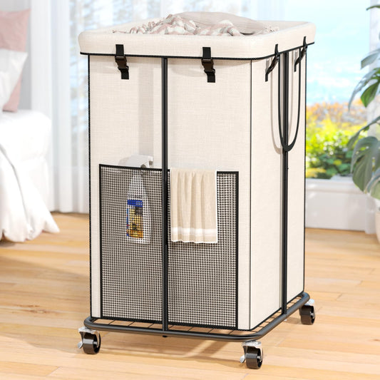 150L Laundry Hamper with Wheels, Rolling Laundry Basket with Metal Frame and Removable Bag, Large & Tall Dirty Clothes Hampers for Bedroom Aesthetic, Laundry Room, Bathroom, Dorm-White