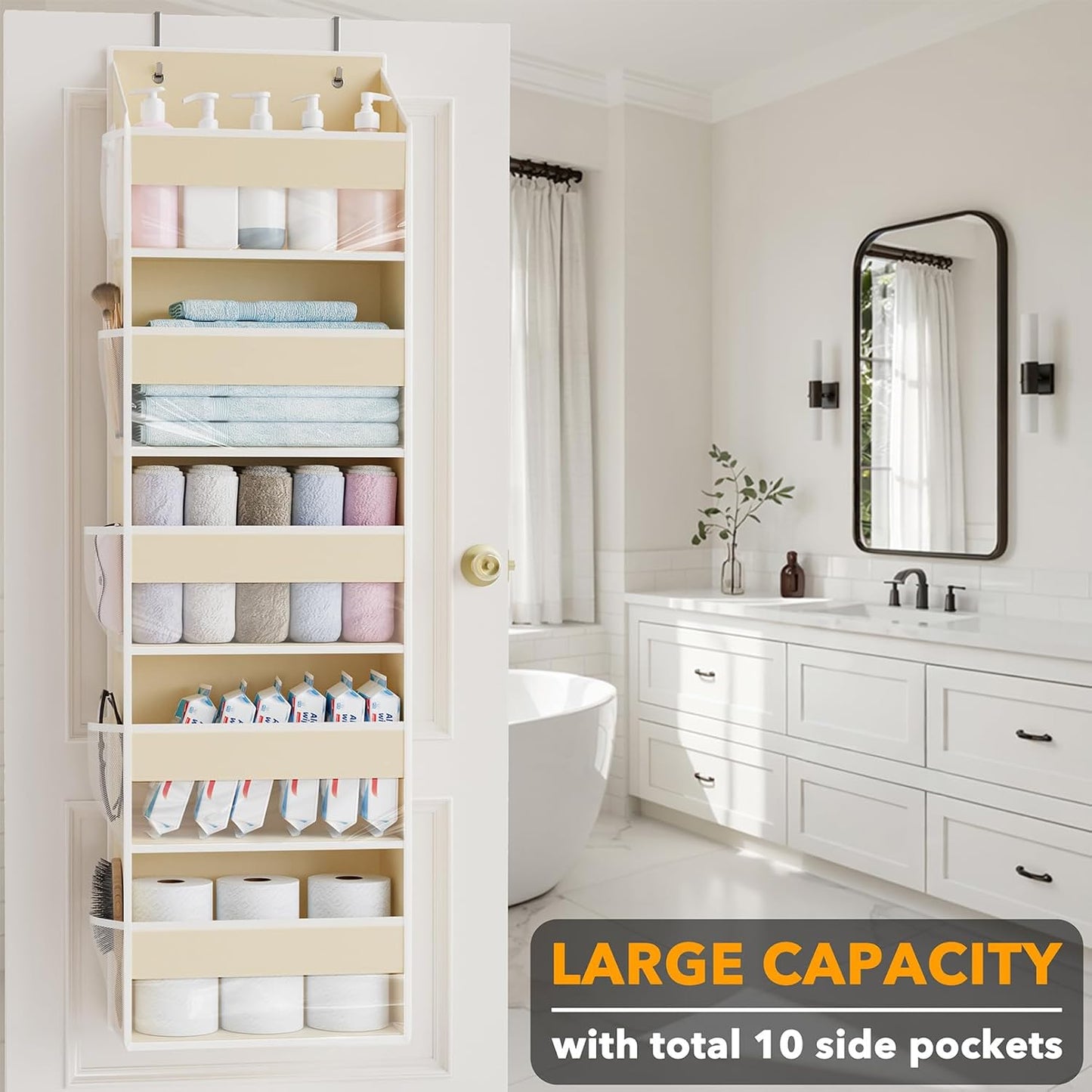 SpaceAid 2 Pack Over The Door Organizer with 5 Large Pockets and 10 Mesh Side Pockets, 5 Layers Door Organizer Hanging with Clear Window for Bedroom, Bathroom, Pantry and Nursery, Beige