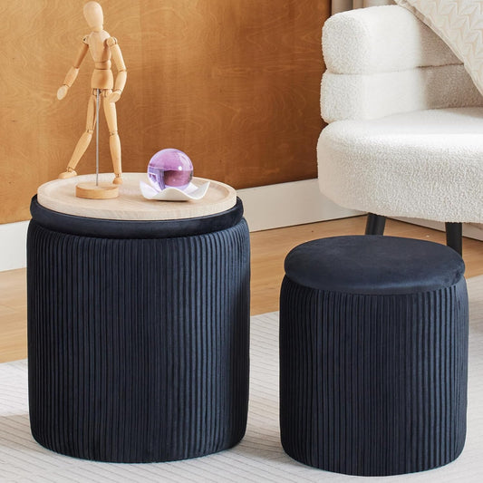 Round Ottoman with Storage Set of 2-Upholstered Velvet Vanity Stool for Makeup Multifunctional Ottomans Coffee Table Padded Seat Foot Rest for Living Room&Bedroom (Black-Upgrade Tray Lid)