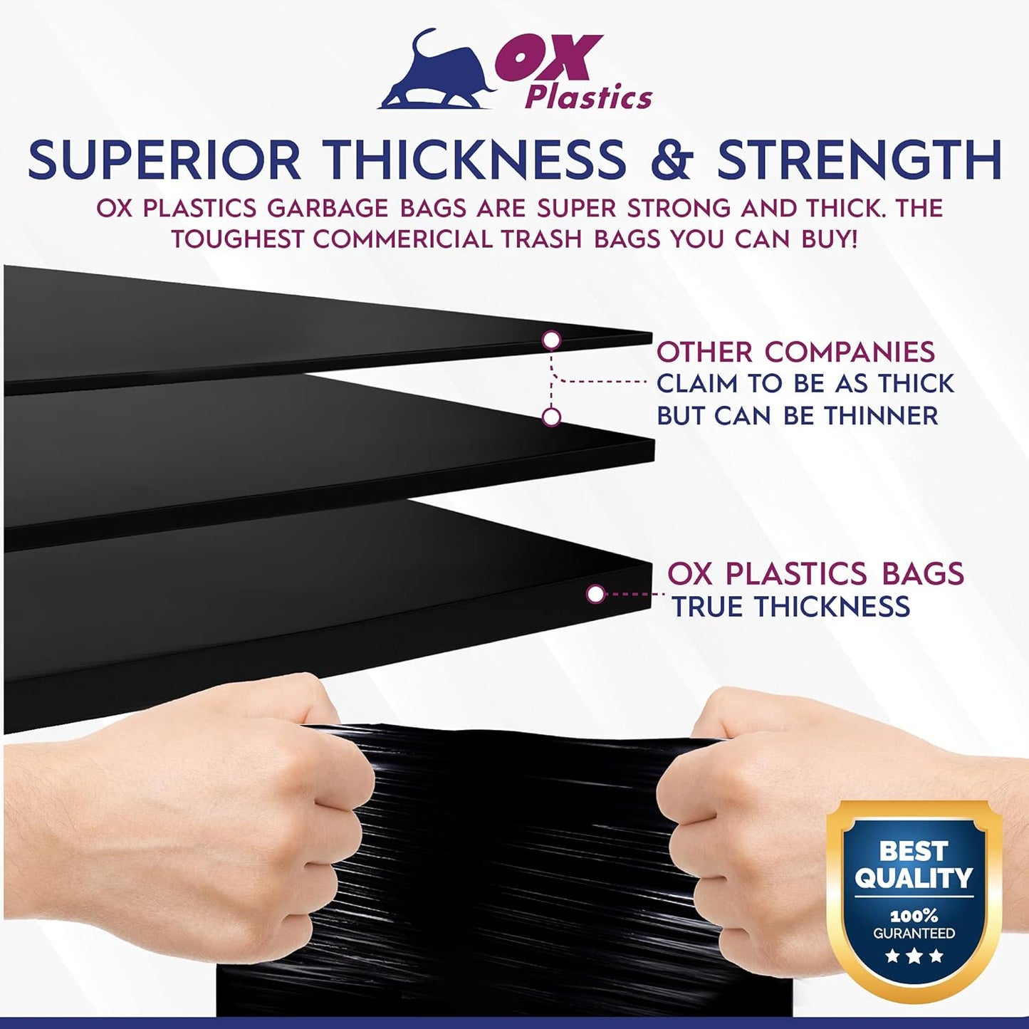 Ox Plastics 60 Gallon Trash Can Liners Bags - (25 Count) & 3mil Thick Extra Heavy Duty Strength - Large Garbage, Leak-Proof & Durable Bags