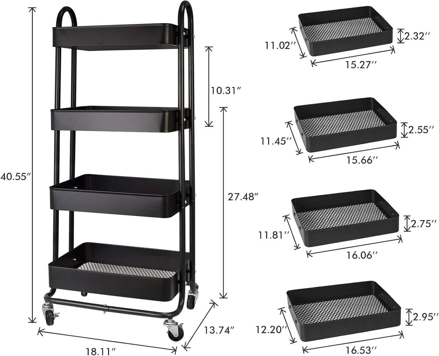 elabo 4-Tier Metal Mesh Utility Rolling Cart, Storage Organizer Trolley Services Cart with Lockable Wheels for Kitchen, Bathroom, Living Room (Black)