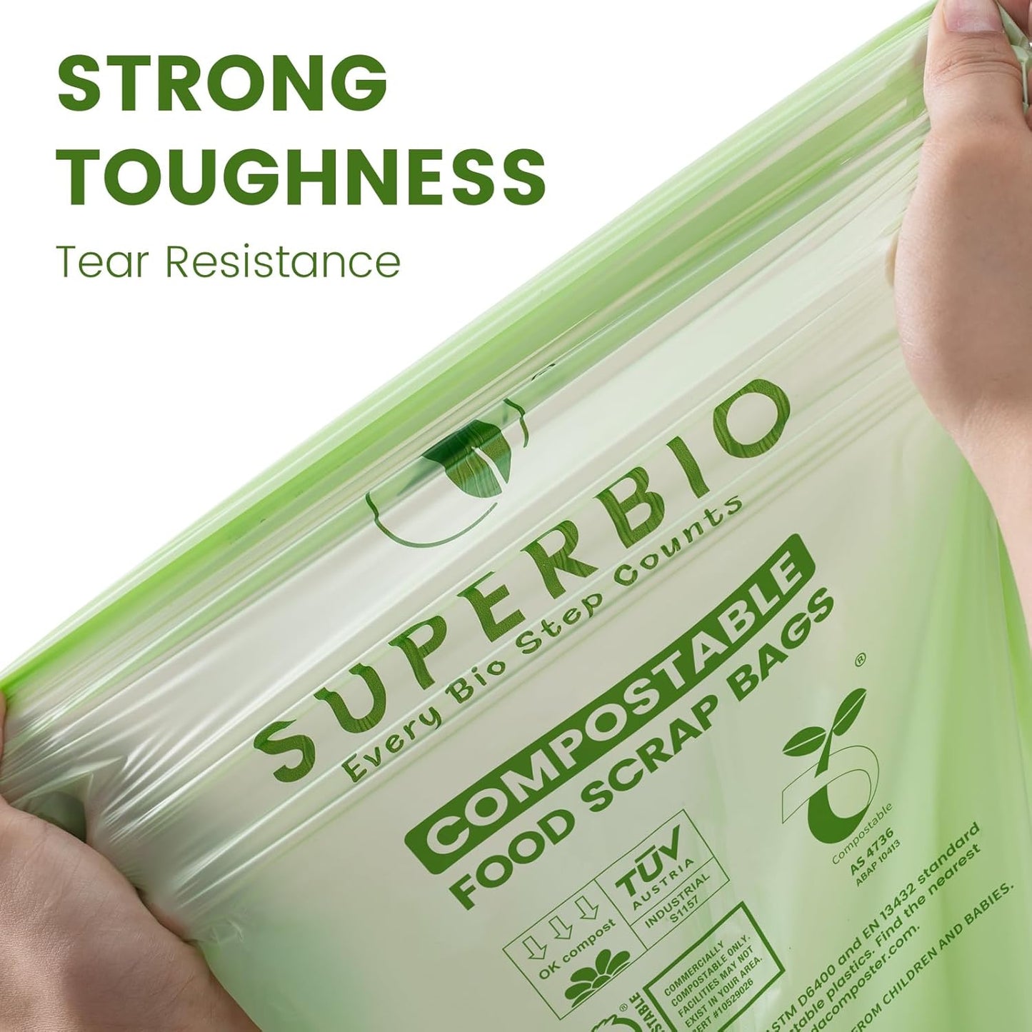 SUPERBIO 1.6 Gallon Handle Tie Compostable Food Scrap Bags, Small Compost Bags with Handles, 50 Count, 2 Pack, BPI & OK compost INDUSTRIAL