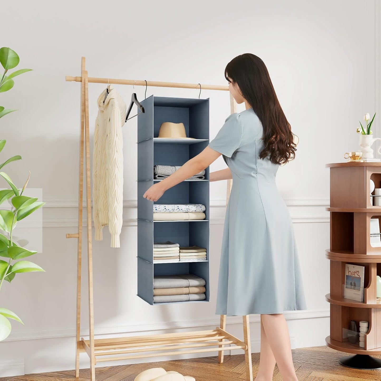 Hanging Closet Organizer 5-Shelf, Easy Mount Foldable Wardrobe Storage Shelves, Clothes Handbag Shoes Accessories, Washable Oxford Cloth Fabric, Gray