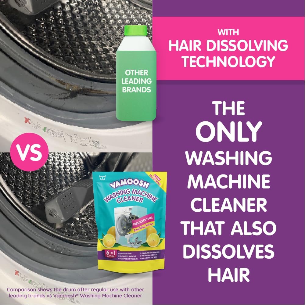 Vamoosh 6-in-1 Washing Machine Cleaner | Patented Pet Hair Dissolving Technology | Made in the UK | No Harmful Chemicals | Removes Limescale | Descales | Lemon Fresh Scent | 150g (Pack of 2)