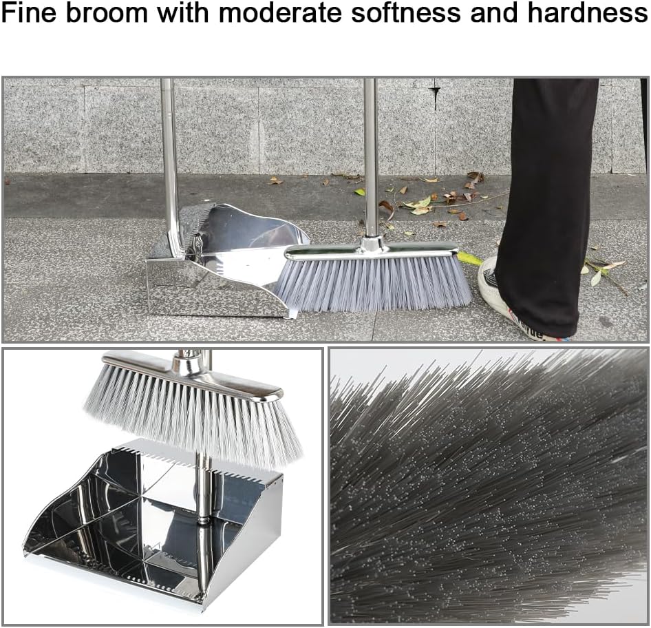 Broom and Dustpan Set,Soft Bristles Indoor Kitchen Broom with Stainless Steel Dustpan ，Metal Dust Pan，Silvery White, Suitable for Ceramic Tiles, Solid Wood, Composite Flooring