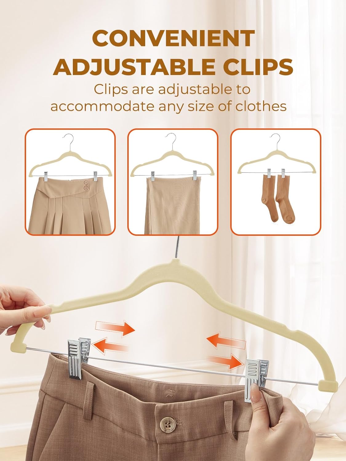 HOUSE DAY Velvet Skirt Hangers 12 Pack, Beige Velvet Pant Hangers with Adjustable Clips, Space Saving Slim Shorts Hanger, Heavy Duty Non Slip Clip Hanger for Pants, Skirts, Shorts