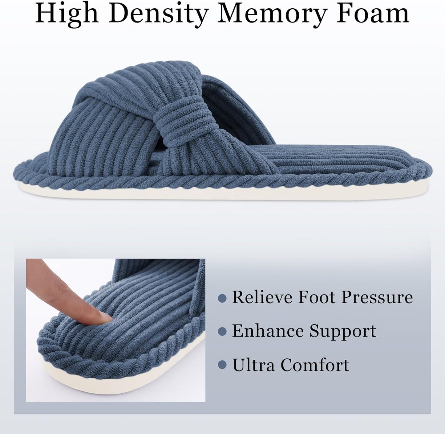 Evshine Summer House Slippers for Women Corduroy Cross Bow Indoor Slippers Open Toe Slip On Bedroom Shoes with Memory Foam