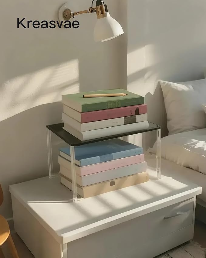 4 Pack Stackable & Expandable Acrylic Spice Rack, Black Shelf Riser for Kitchen Cabinet, Pantry, Countertop, Bathroom & Office Storage