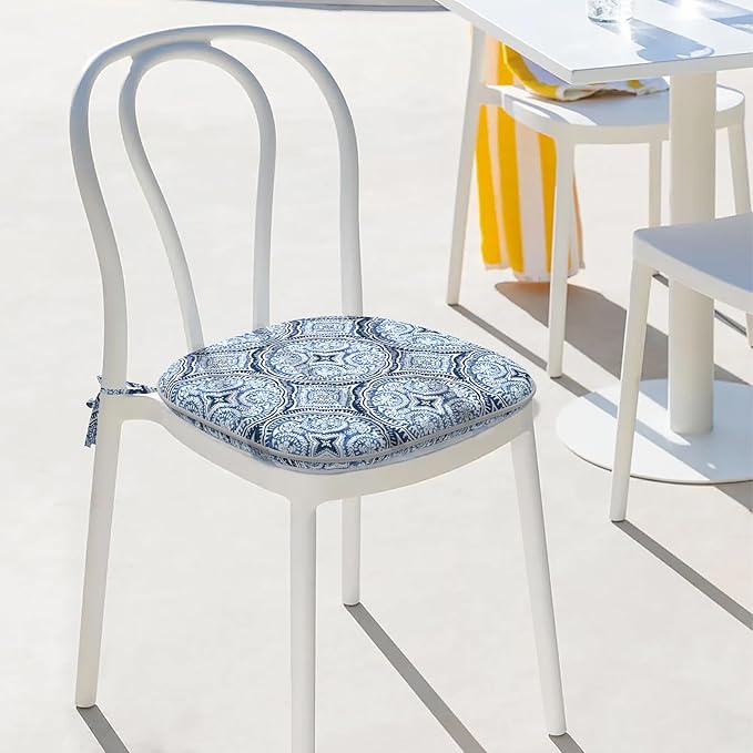 Indoor/Outdoor Chair Cushions 16x17 Inch, Patio Chair Cushions with Ties, All Weather Seat Cushions for Patio Furniture Home Garden Chair Use, Set of 2,Medallion Blue