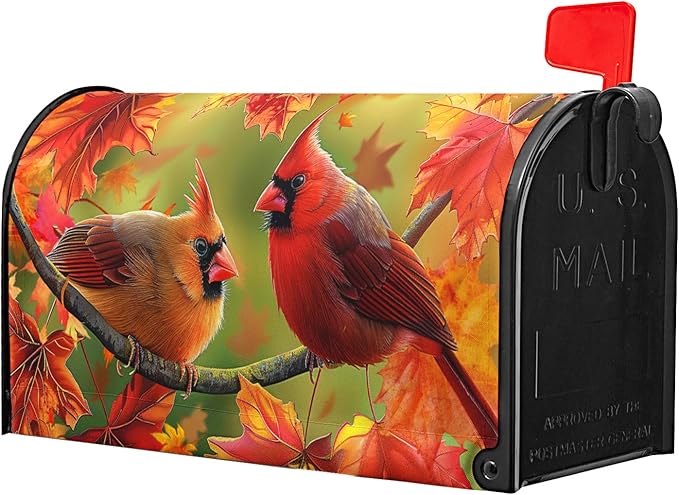 Autumn Bird Mailbox Cover Magnetic Large Size 25.5x21 Inch Fall Red Birds with Maple Leaves Mailbox Covers Happy Holiday Thanksgiving Mailbox Post Cover Decor Letter Box Wraps for Outdoor Garden Yard