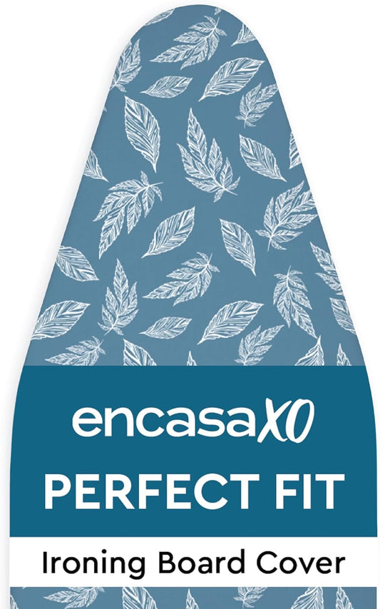 Encasa XO Ironing Board Cover and Pad 49"x18" - Thick 3mm Felt Padding, Drawstring Tightening & Lock, Easy Fit, Scorch & Stain Resistant, Fits Wide Ironing Board - Big Leaves Blue