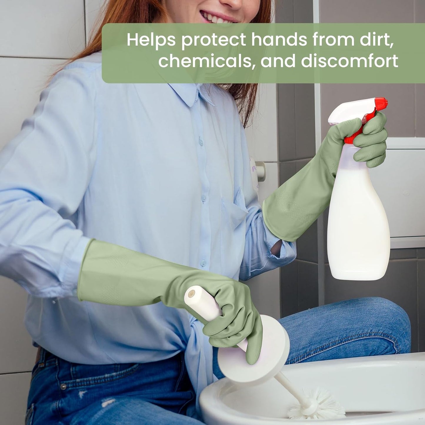 Rubber Cleaning Gloves for Dishwashing, 4 Pairs Reusable Kitchen Gloves for Washing Dishes and Household Cleaning, Green Dish Gloves with Flocked Lining and Non-Slip Grip, Pefect for Woman Men - L