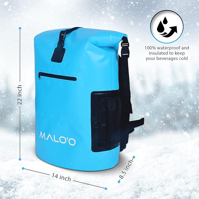 Malo'o Backpack Cooler Bag Holds 24 cans or 18 Bottles and ice - Roll-Top Soft Cooler for Kayaking, Camping, Beach, Fishing, Hiking Daypack & Travel Gear - Closed-Cell Insulation Cooler Backpack