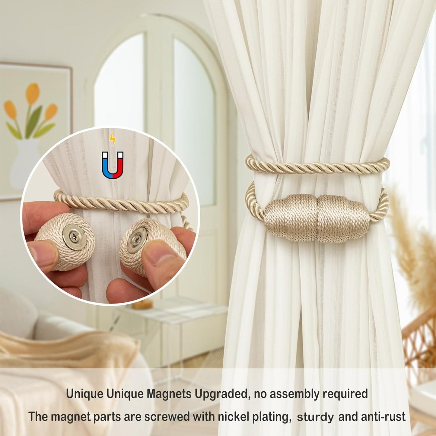 Magnetic Curtain Tiebacks - Rope Tiebacks for Curtains & Drapes, Decorative Window Holdbacks (2 Pack, Beige)