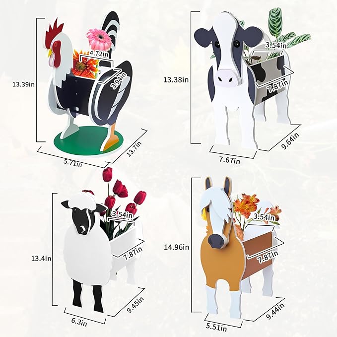 Pet Flower Pots 4 Pcs Farm Animals Series Rooster/Horse/Cow/Sheep Outdoor Planters for Outdoor/Indoor Garden Decoration, Cute,Surprise Gifts/Souvenirs for Pet Lovers