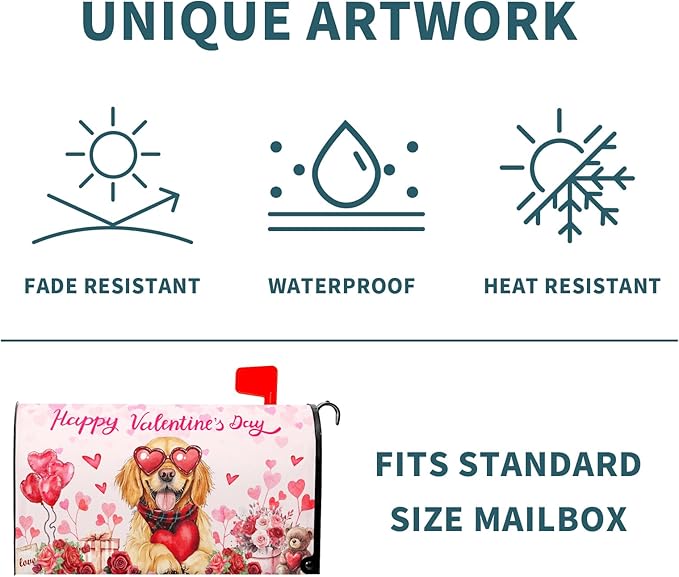 Happy Valentine Mailbox Covers Magnetic Standard Size 25.5"x21" Golden Retriever Dog Love Heart Decorative Mail Box Post Cover Rose Anniversary Pink Mail Box Post Cover for Home Outdoor Garden