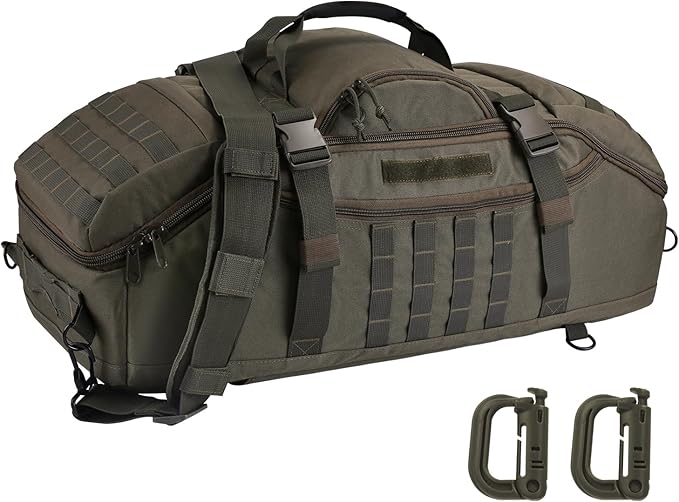 Travel Gym Duffle Bag Tactical, Gear Backpack for Men Women, Large Duffle Hand Bag for Travel, 3 in 1 Shoulder Backpack for Sports Hiking Camping, Water Resistant & Easy Clean (Army Green, 65L)