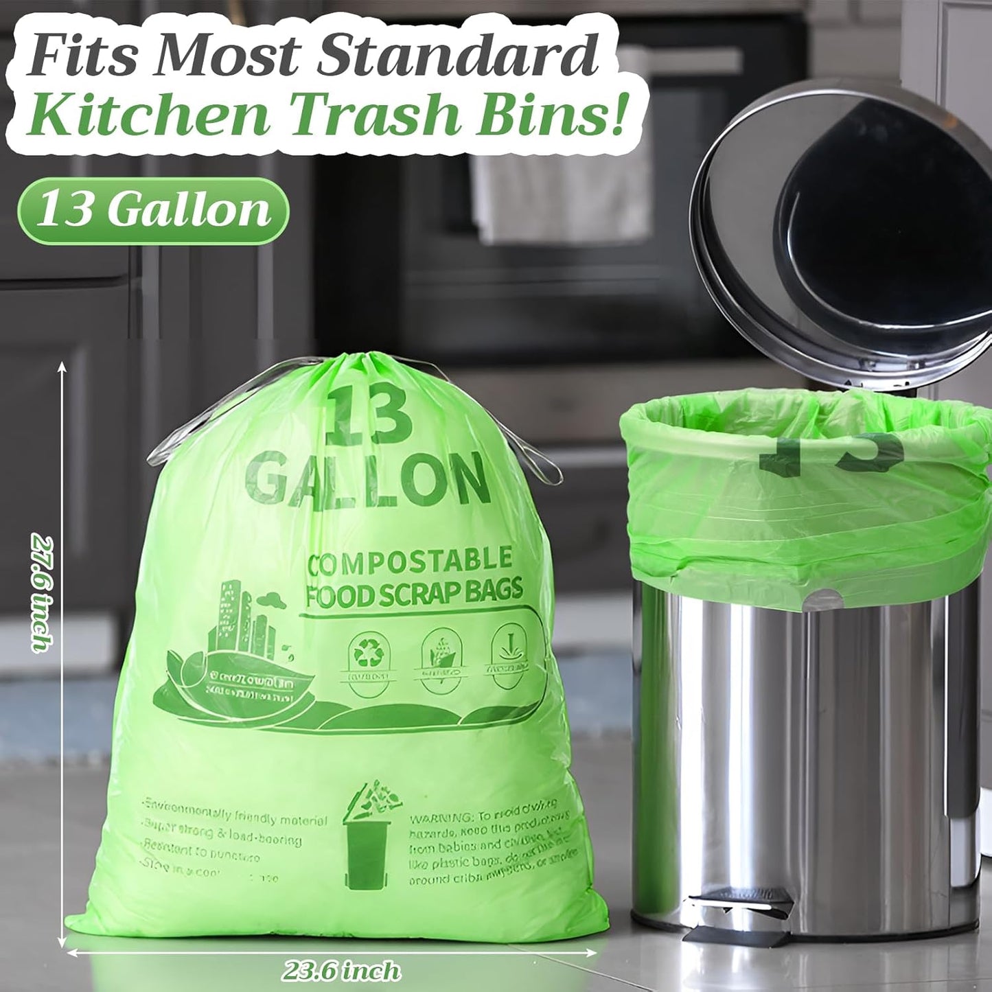 Amyhill 100 Count Compostable Kitchen Trash Bags 13 Gallon Compostable Drawstring Kitchen Waste Garbage Bags 49.2 Liter, 1.575 Mil for Bathroom Home Bedroom Office Garbage