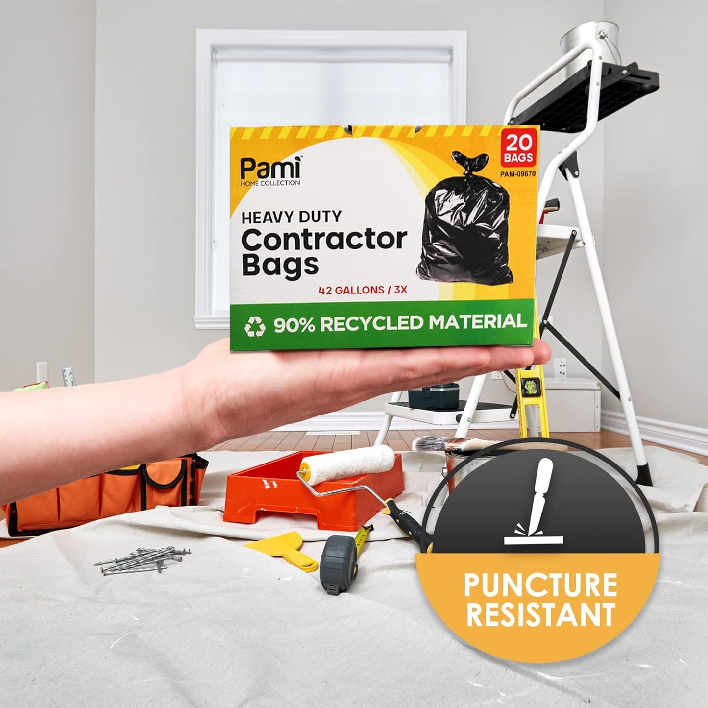 PAMI Heavy Duty 42 Gallon Contractor Garbage Bags, Tear Resistant Construction Bags Made from 90% Recycled Materials (20 Count, Black)