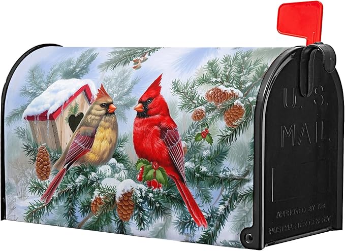 Winter Cardinal Magnetic Mailbox Covers Large Size 25.5''x21'' Xams Sweet Birds Decorative Post Letter Box Cover Christma Birdhouse Snowy Pine Letterbox Cover for Home Outdoor Garden
