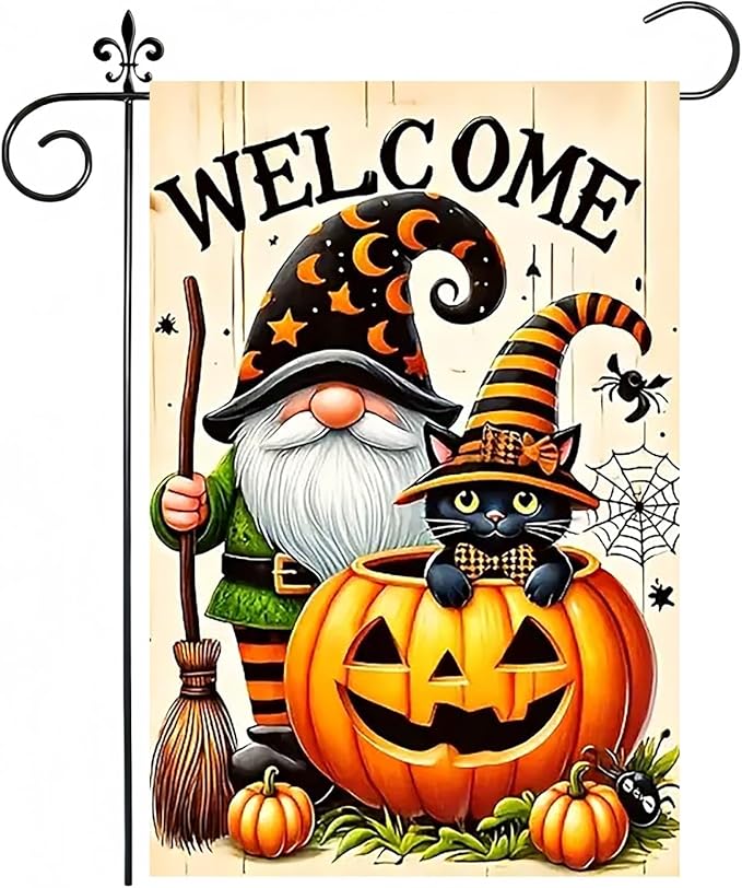 Halloween Garden Flag for Outside 12x18 Inch Double Sided, Gnome Pumpkin Small Yard Flags for Outside, Outdoor Welcome Flag Front Porch Decorations for Home