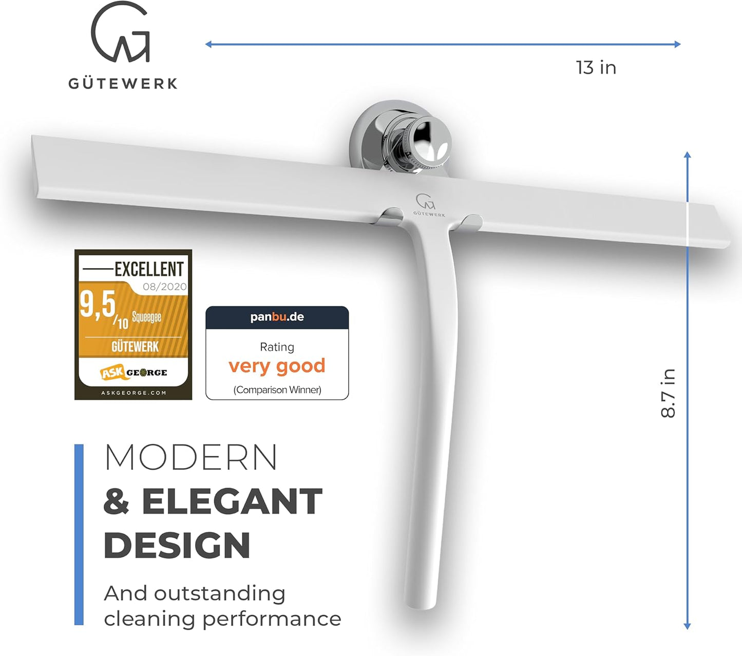 GÜTEWERK Shower Squeegee for Glass Doors, Silicone Window Squeegee, Bathroom and Glass Cleaning - White - 15 Inch