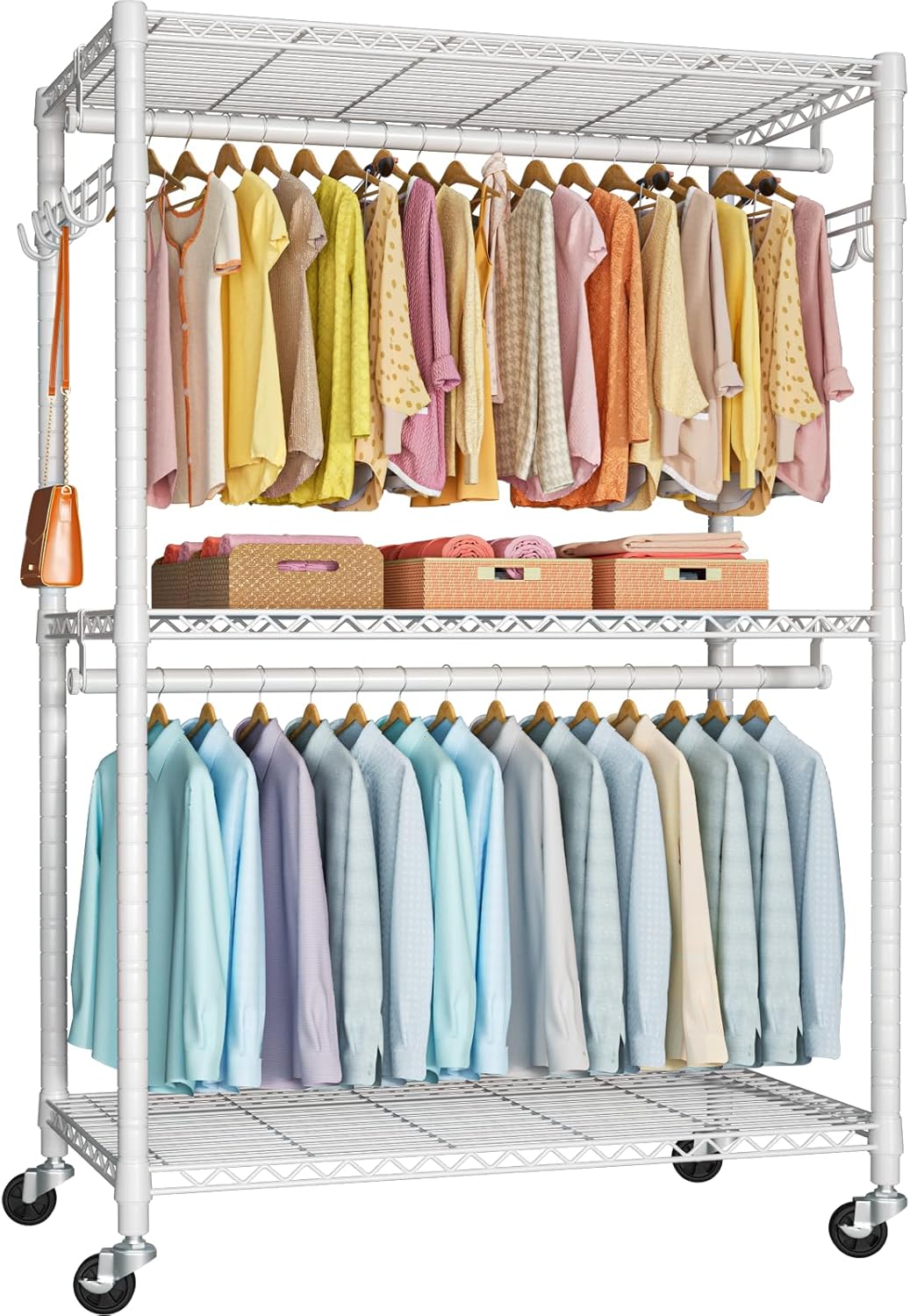 FUTASSI P1 Plus Rolling Clothes Rack, 22mm Diameter Heavy Duty Garment Rack with Wheels, Portable Closet Wardrobe with Double Rods, 45" W x 17.7" D x 80.5" H, Max Load 524 LBS, White