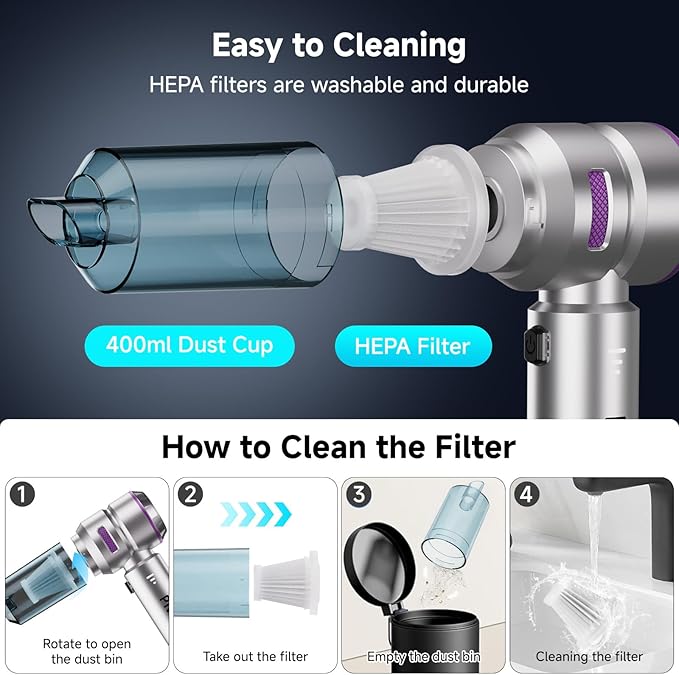 Handheld Vacuum Cordless, Car Vacuum Cleaner with Brushless Motor, Strong Suction Vacuum & Compressed Air Dusters with LED Light, Type C Port, Wireless Mini Portable Hand Vacuum Blower for Home, Pet