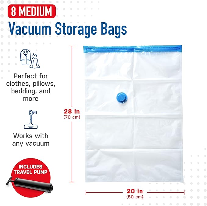 8 Pack Medium Vacuum Storage Bags for Comforters, Blankets & Clothes – Vacuum Sealed Compression Bags with Hand Pump – Space Saver Storage Bags for Bedding, Moving, Travel & Organization
