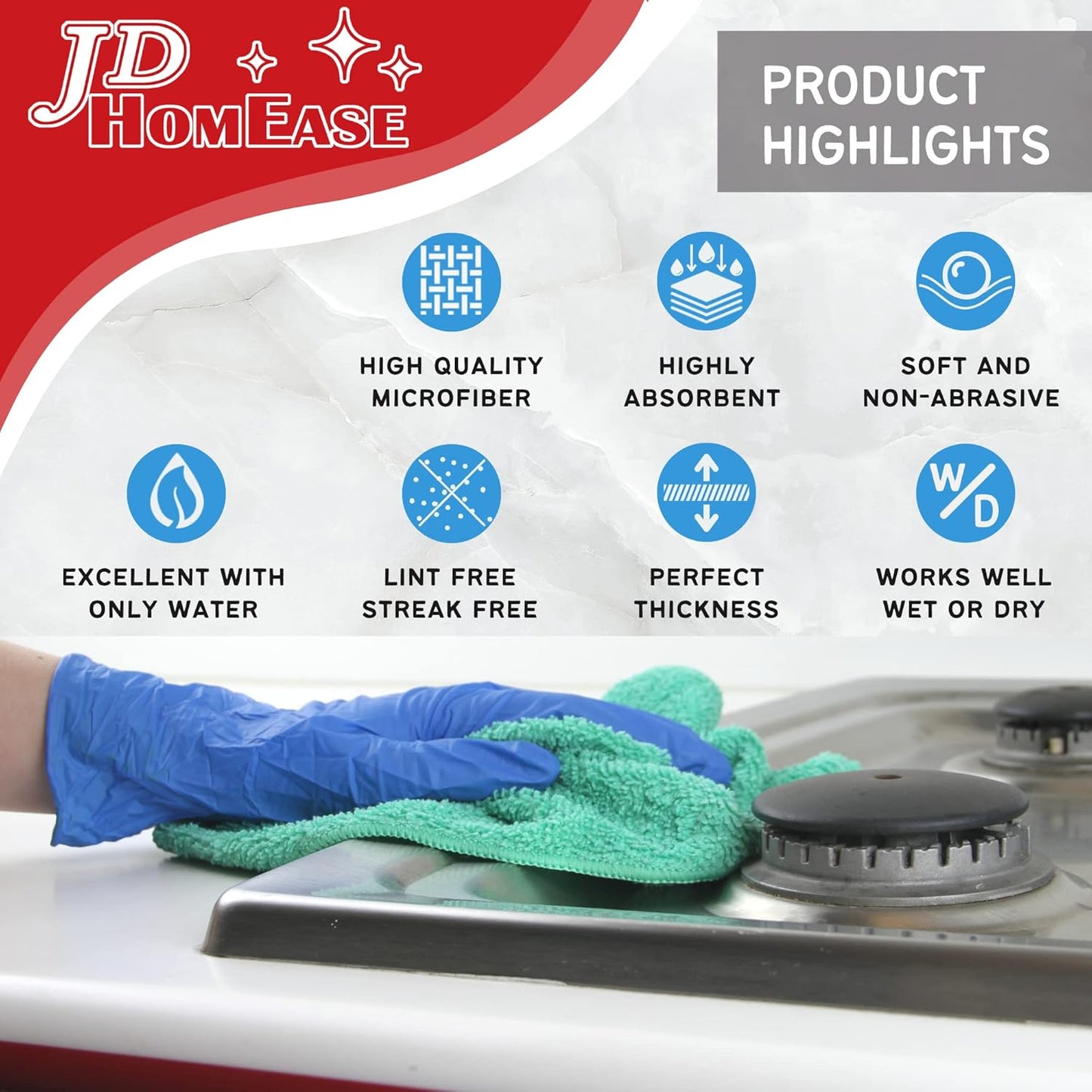 Microfiber Cleaning Cloths,12 Pack, 16"x16", All-Purpose, Softer, Highly Absorbent, Lint-Free, Reusable, Washable Pro Towels, Blue, for House, Kitchen, Bathroom, Car, Office