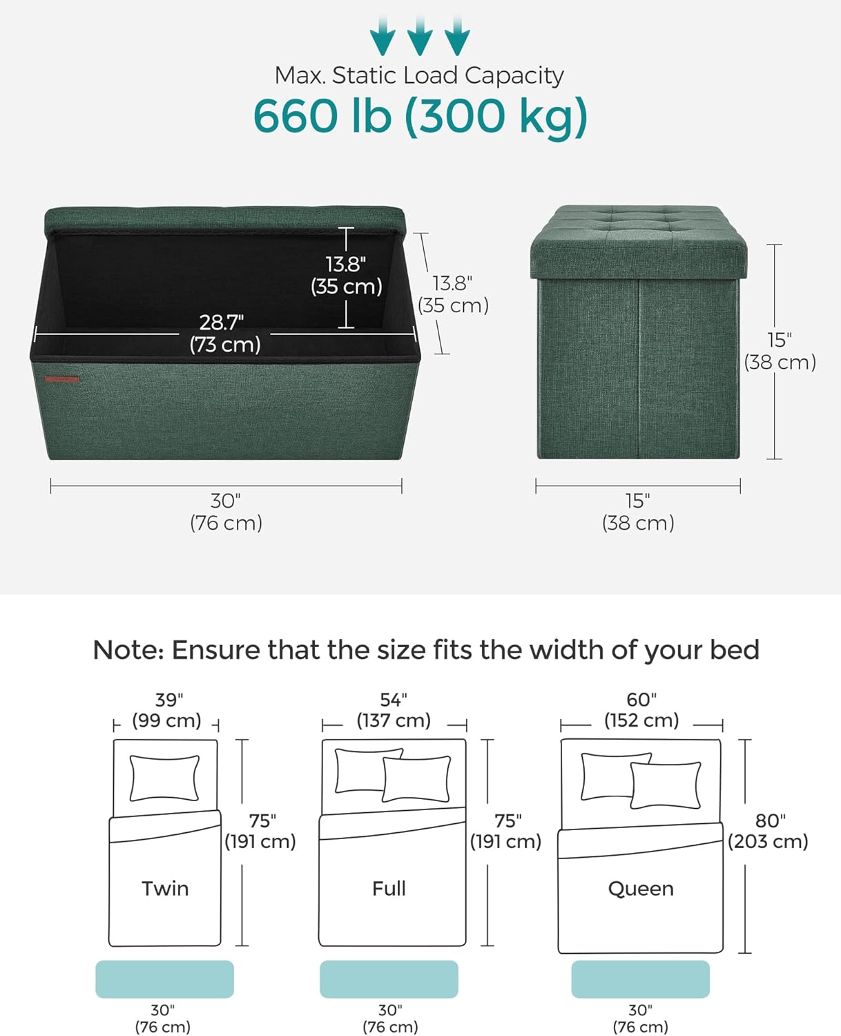 SONGMICS Mazie Collection - 30 Inches Folding Storage Ottoman Bench, Ottoman Foot Rest, End of Bed Bench, Storage Chest, Load 660 lb, for Living Room, Bedroom, Entryway, Retro Green ULSF047C01