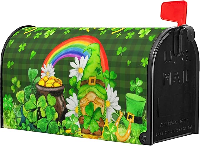 St. Patrick's Day Green Gnome Magnetic Mailbox Cover - Green Buffalo Plaid, Good Luck Leaf & Rainbow Design - Standard Size 25.5x21 Inch for Home & Outdoor Garden