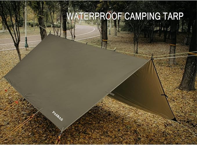 100% Waterproof Camping Shelter, Lightweight Bushcraft Emergency Tarp, 70D Ripstop Nylon 10*13.12ft Olive Drab Sun Shelter Backpacking Protable Can be Used with Car, Tent, Hammock in Hiking, Traveling