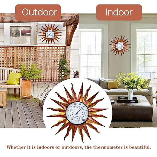 Large Outdoor Thermometer, Metal Wall Thermometer Hygrometer No Need Battery, Retro Sun Outside Thermometer Decoratibve for Backyard, Garden, Living Room