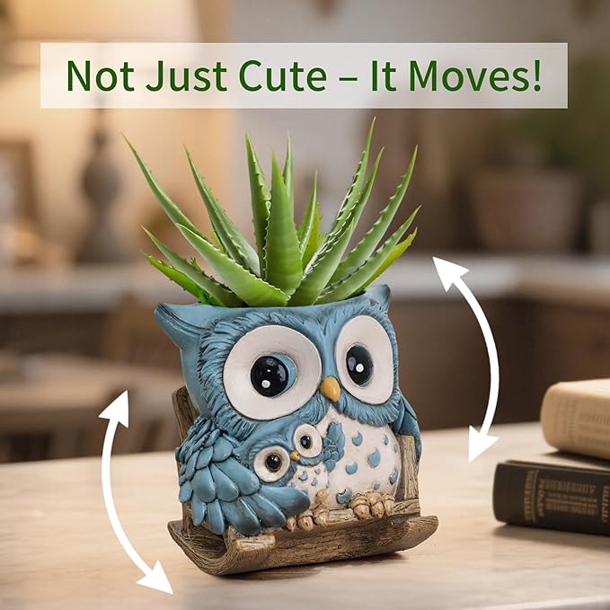 Unique Owl Plant Pots Indoor, Cute Small Succulent Pots with Drainage Hole, Rocking Chair Planters for Outdoor Indoor Plants, Resin Flower Pot for String of Pearls, Gift Ideas for Mother