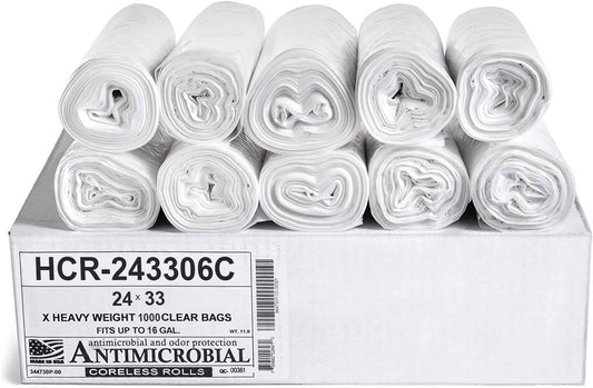 Aluf Plastics High Density Trash Bags, 16 Gallon, 1000 Count, 6 Micron (eq), 24" x 33", Clear, for Bathroom, Office, Industrial, Commercial, Janitorial, Municipal, Recycling