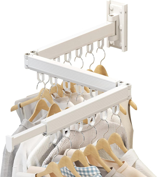 Wall Mounted Clothes Drying Rack, Retractable Laundry Rack for Hanging Clothes, Collapsible, Foldable, White-Rings
