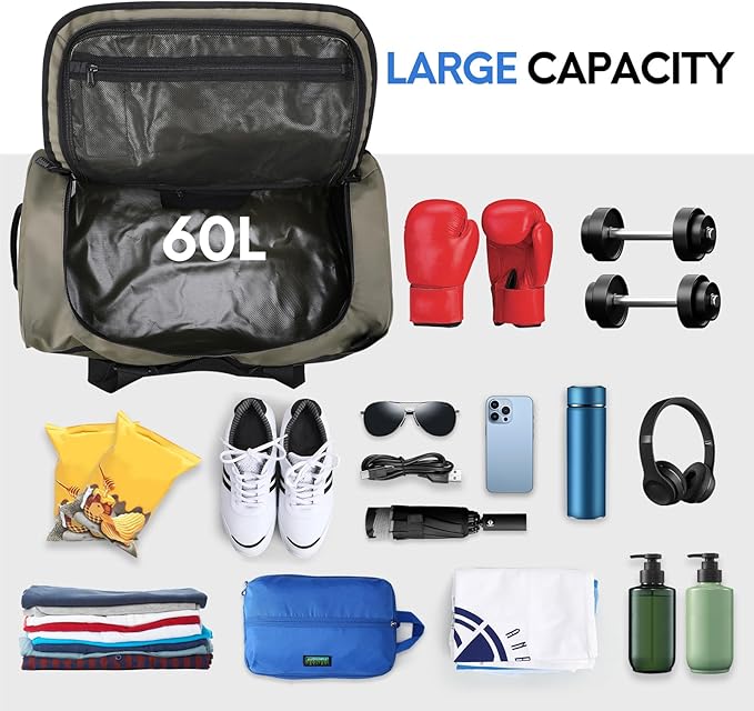 Haimont Water Resistant Backpack Duffle Heavy Duty Convertible Duffle Bag with Backpack Straps for Gym, Sports, Travel, Army Green, 60L