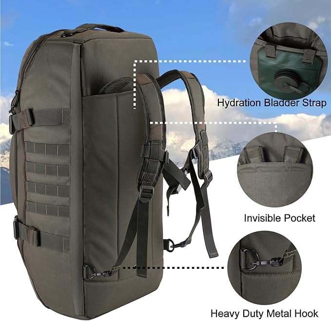 Travel Gym Duffle Bag Tactical, Gear Backpack for Men Women, Large Duffle Hand Bag for Travel, 3 in 1 Shoulder Backpack for Sports Hiking Camping, Water Resistant & Easy Clean (Army Green, 65L)