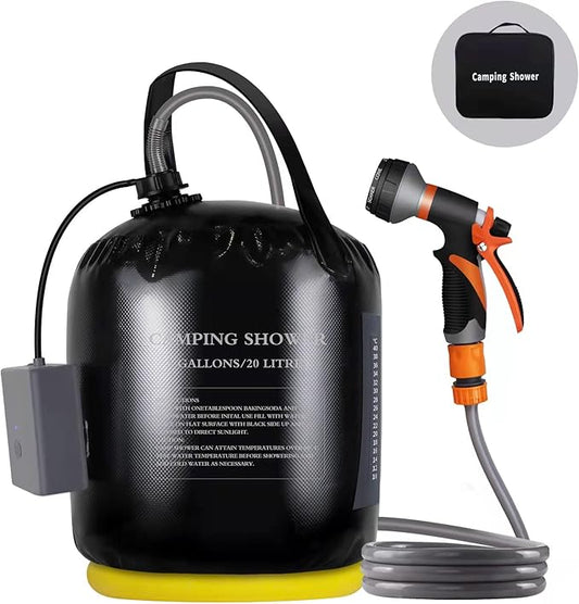 Portable Camping Shower, 5gallons/20 liters Rechargeable air Pump Outdoor Electric Camping Shower, 8 Spray Modes, Solar Heating Black PVC airbag, Built-in Thermometer, Beach, Camping, Hiking