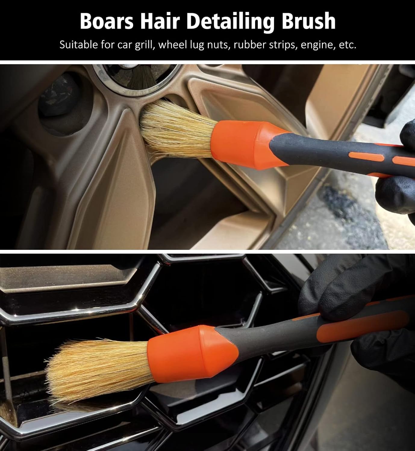 YeewayVeh 3pcs Car Detailing Brush Set, 1pc Boars Hair Detailing Brushes,1pc Ultra Soft Detail Brush for Air Vent Leather Seat, 1pc Scratch Free Car Detailing Brushes for Interior Exterior, Orange