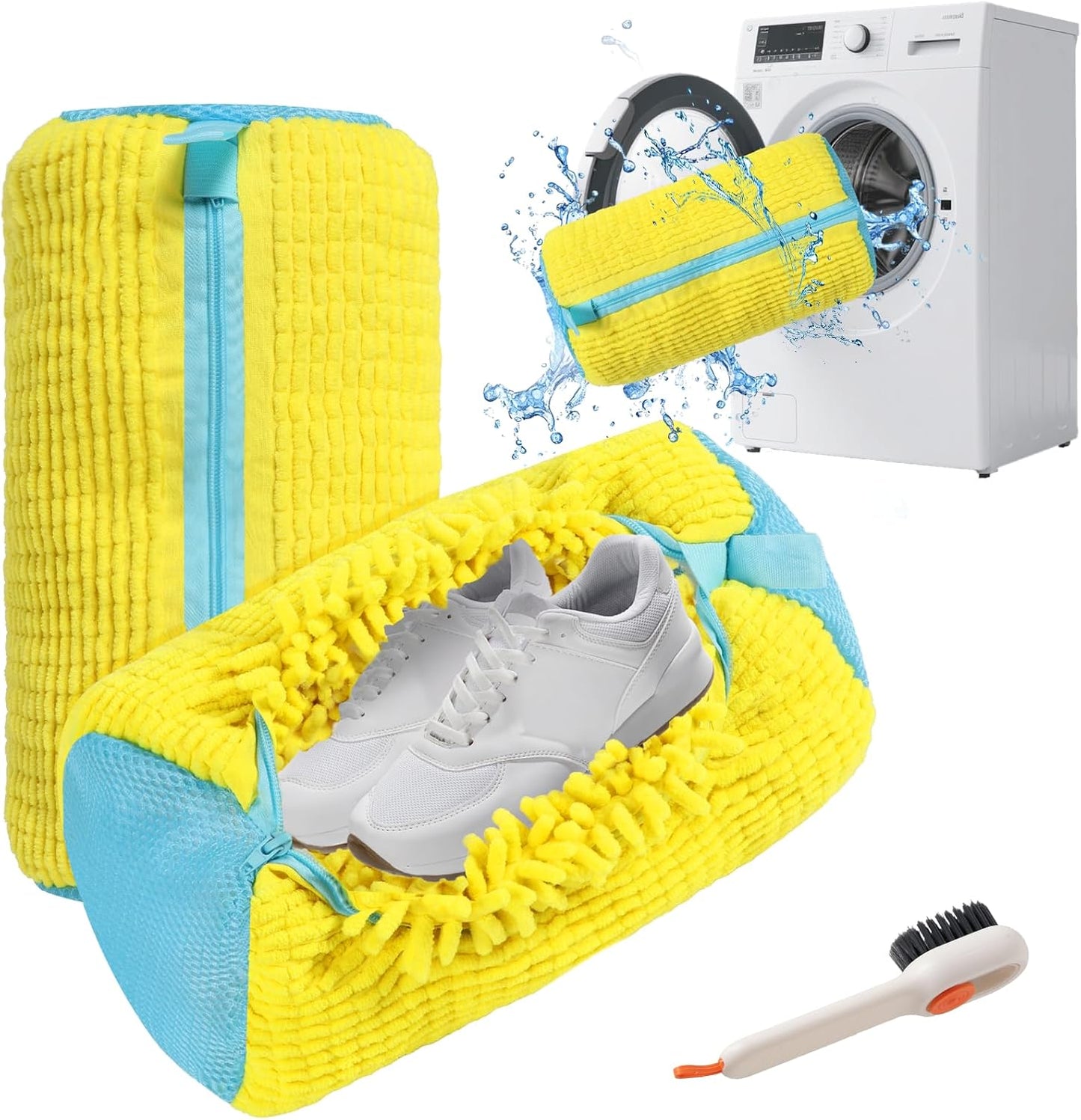 Shoe Washing Machine Bag - 2Pack Laundry Shoe Bag for Washer and Dryer, Reusable Shoe Cleaning Bag for All Shoe Sizes, 360° Deep Clean for Tennis Shoes, Sneakers, Includes 1 Brush (Yellow)
