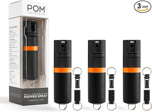 POM Pepper Spray Keychain, Quick Key Release for Instant Access, Flip Top Safety, Maximum Strength OC Formula with UV Marking Dye, 25 Bursts, 10 ft Range, 0.5 fl oz