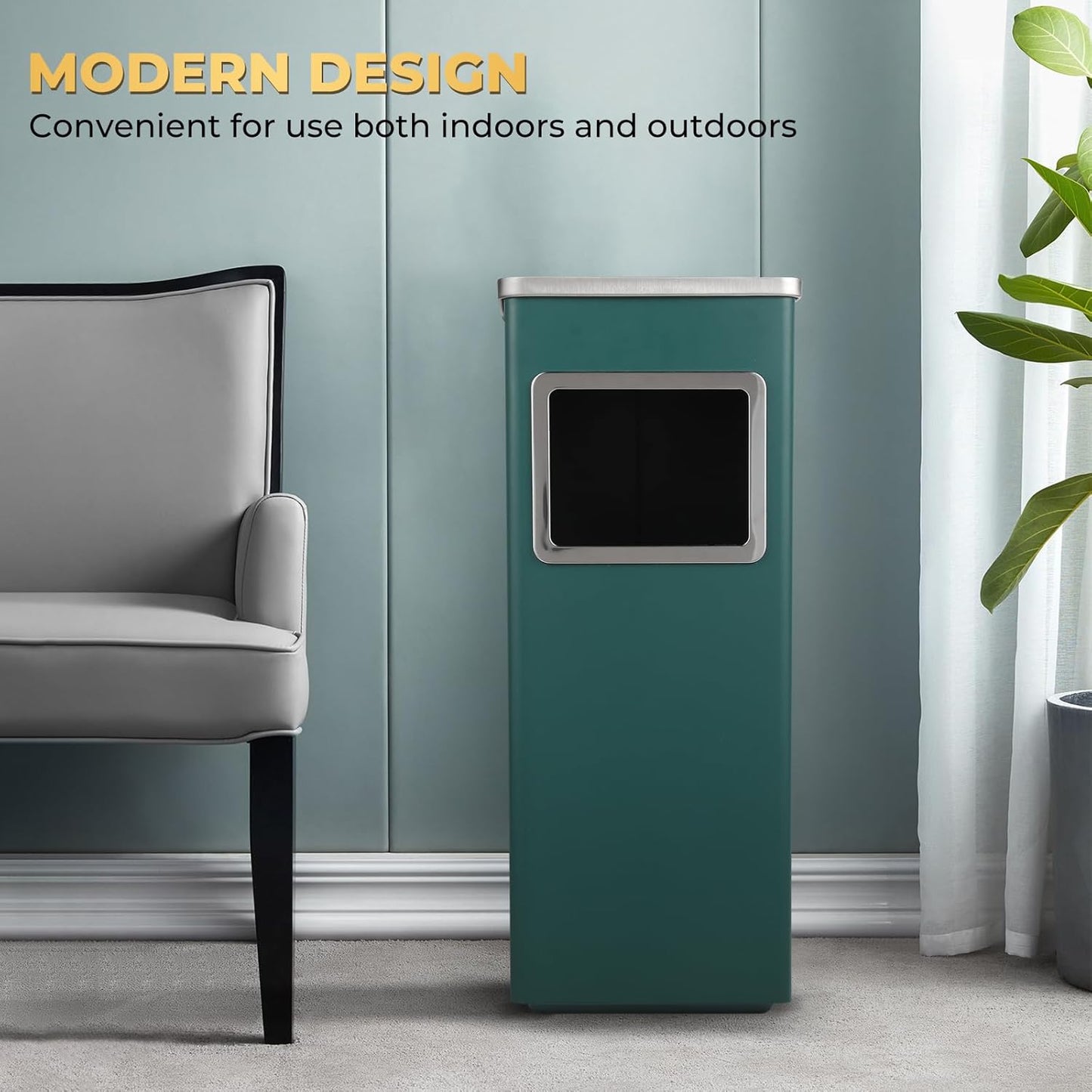 Trash Can Outdoor Waste Container Square Stainless Steel Trash Can with Removable Inner Bucket for Disposal Commercial Waste Container 9.45‘’ x 9.45‘’ x 24.02‘’-Green