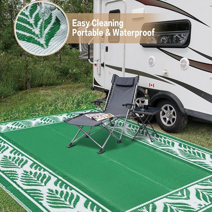 Outdoor Plastic Rug 6'x9' Waterproof Camping Carpet Outside Area Rug Reversible Green Rugs for RV Deck Entryance Porch Picnic Balcony Beach