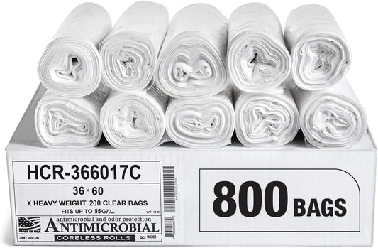 Aluf Plastics High Density Trash Bags, 55 Gallon, 800 Count, 17 Micron (eq), 36" x 60", Clear, for Bathroom, Office, Industrial, Commercial, Janitorial, Municipal, Recycling