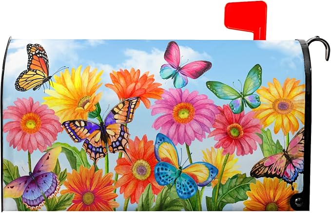 Spring Flower Mailbox Covers Magnetic Standard Size 21x18 Inch Beautiful Fluttering Butterfly Mailbox Covers Colorful Floral Decorative Mailboxes Wraps Post Letter Box Cover for Outside