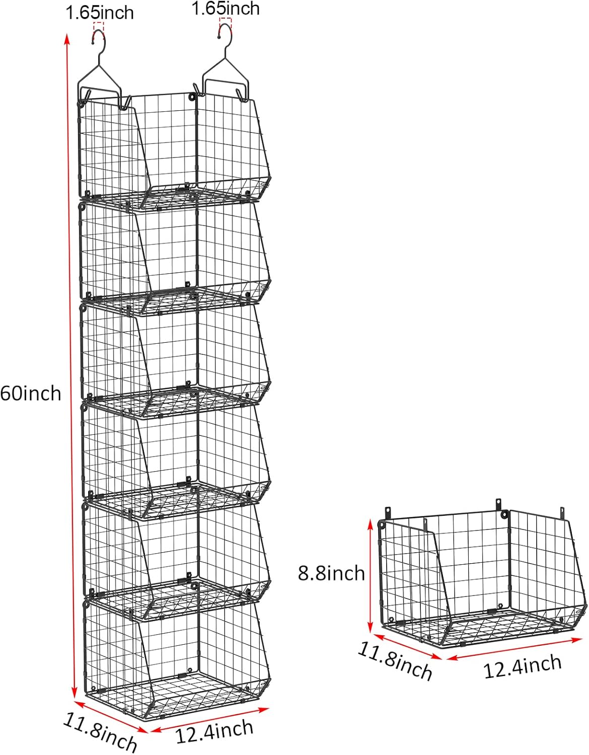 6 Tier Closet Hanging Organizer, Clothes Hanging Shelves with 4 Hanging Hooks 5 S Hooks, Wire Storage Basket Bins, for Clothing Sweaters Shoes Handbags Clutches Accessories Patent Design-Black