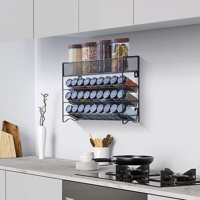Spice Rack Organizer with 27 Spice Jars with Black Lids, Funnel, Spice Labels, Chalk Marker, Seasoning Organizer for Cabinet, Countertop, Pantry, Kitchen,Cupboard or Door & Wall Mount