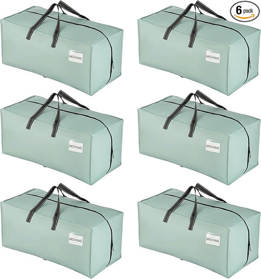 VENO 6 Pack Moving Bags w/Backpack Straps, Heavy Duty, Moving Boxes Alternative, Packing Supplies, Large Storage Totes for Dorm Room Essentials with Zipper for Clothes (Light Green Matte, 6 Pack)